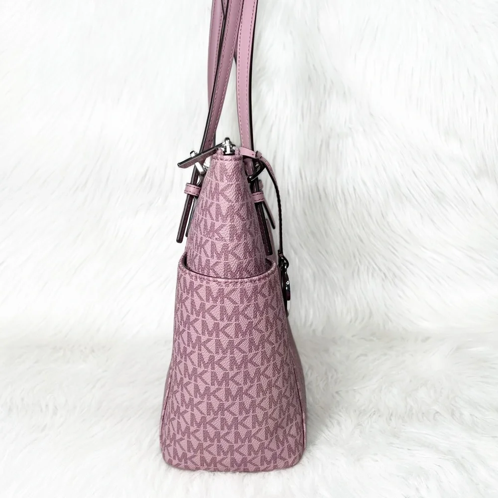 SOLD-Michael Kors Pink MK Logo Zip Top Shoulder Jet Set East West Tote Bag Med - Picture 6 of 9